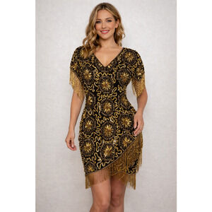 Vintage Gold Star Beaded Fringe Dress Black Gold Art Deco Gatsby Cocktail sz XL